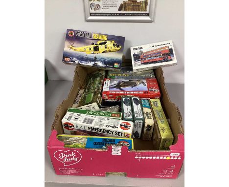 Seventeen OO/HO Plastic Model Kits including Buildings, Tanks, Helecopter, Tram etc. boxed, unmade, unchecked for completenes