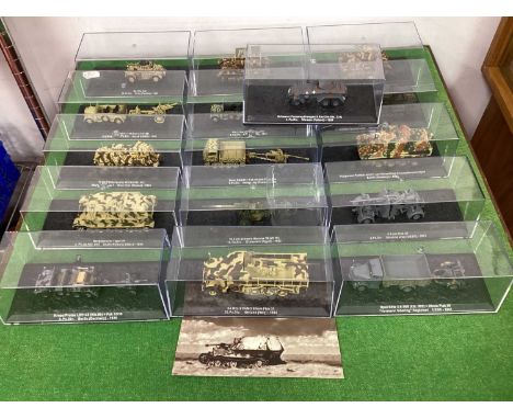 Sixteen 'Partworks' Diecast and Plastic Model Military Armoured Vehicles to include Churchill Mk. VII Tank, cased. (Some crac