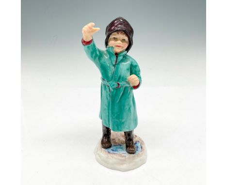 Young boy in green raincoat waving. Royal Worcester backstamp. 3453. Issued: 20th centuryDimensions: 2.5"L x 2.5"W x 6.5"HMan