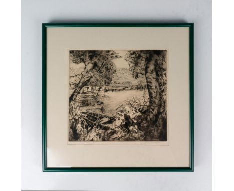 Original black and white etching on cream paper. The artist represents a view of barks moored on Lancaster lake that are nest