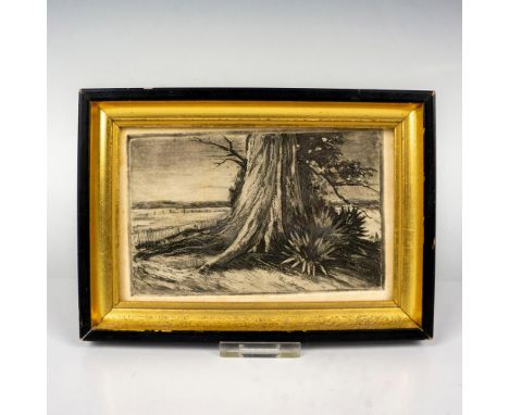 Miniature original etching and aquatint on thick paper that depicts a close-up of a tree trunk with an enclosed field and a w
