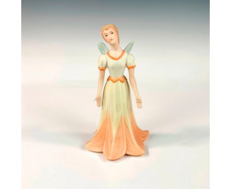 Bisque figure with orange and off-white tulip shaped gown. Fairy wings in light blue. Ispansky imprint on lower dress and sig