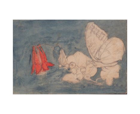 Miniature unfinished pencil sketch and watercolor of butterfly and flowers. Dimensions: 4.5"L x 3"HCondition: Age related wea