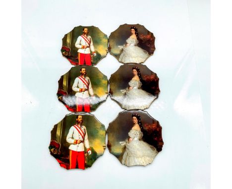 Wood coasters with a portrait of Emperor Franz Joseph and Empress Elisabeth of Austria.This item has its original box. Plasti