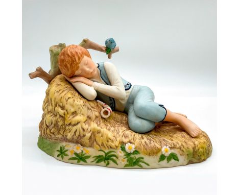 Matte finish, beautiful porcelain figure of a young boy taking a nap by the haystack with his horn.Cybis mark impressed to ba