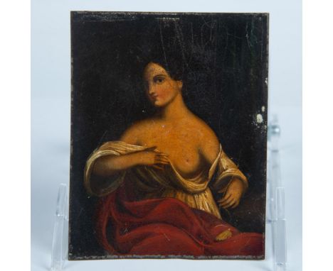 This original antique miniature portrait is applied on a metal surface. It depicts a partially nude woman dressed in a white 