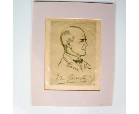 Original etching on paper of a man in profile wearing a small bowtie. His name is written in cursive directly in the plate wi