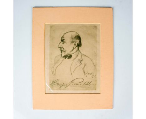Outstanding original etching on paper of a bold man in profile made in a caricatural style. His name is written in cursive di