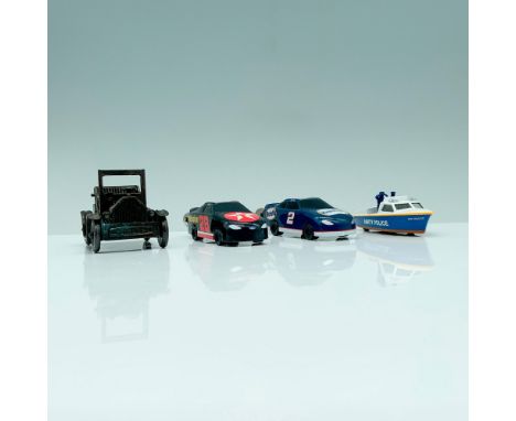 A set of 4 toy vehicles, consisting of 2 lighter car toys, 1 pencil sharpener toy car, and 1 toy boat. The 2 lighters are mad