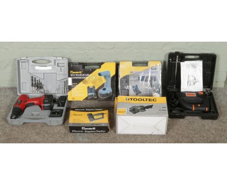 Six boxed tool sets, including Tooltec Belt Sander, PowerG Hot Air Gun/Rechargeable Compressor/Electric Stapler, Challenge Ji