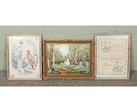 A gilt framed oil painting on canvas signed by "V. Hutchins 07" (49x38cm) with a pair of vintage tapestry works, both framed 