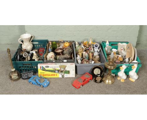 Four boxes of miscellaneous, to include table lamps. Guillows flying model kit, scale model cars, Capodimonte style figures, 