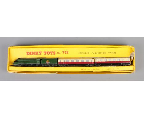 A boxed Dinky Toys No. 798 die-cast Express Passenger Train, with engine and two carriages.  Wear to box, train play-worn.