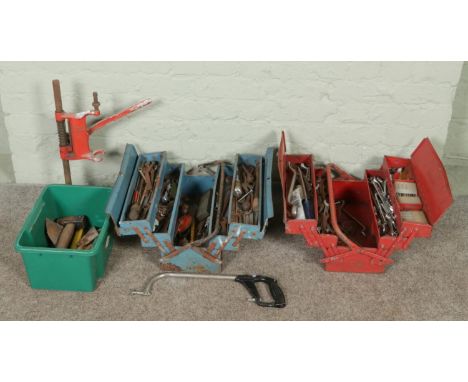 A collection of vintage hand tools, including two metal toolboxes full of mixed spanners, sockets, hammers, screwdrivers etc.