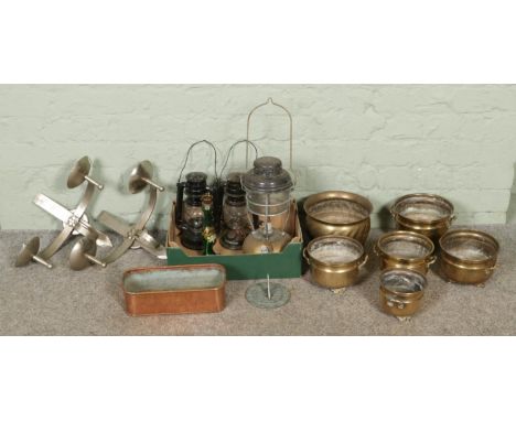 A collection of mixed metalware, including vintage Tilley Pyrex 171 oil lamp, wall candle holders and set of brass planters e