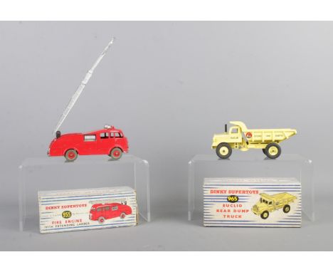 Two boxed Dinky die-cast vehicles; No. 955 Fire Engine with extending ladder and No. 965 Euclid Rear Dump Truck.