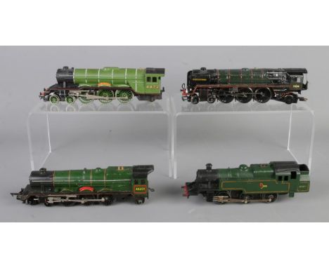 Four green OO Gauge (1/76 Scale) locomotives, including Hornby R2387 Britannia Class 7MT 4-6-2 70018 "Flying Dutchman"; Hornb