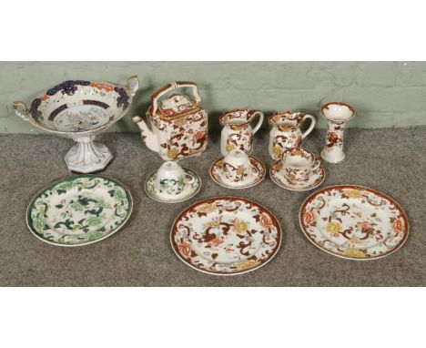 A box of vintage Mason's ironstone in "Brown Velvet" and "Chartreuse" patterns, including plates, jugs, teapot, cups etc.