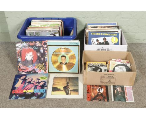 Three boxes of LPs and singles to include classical records, rock music, Elvis, Michael Jackson, Madonna etc.
