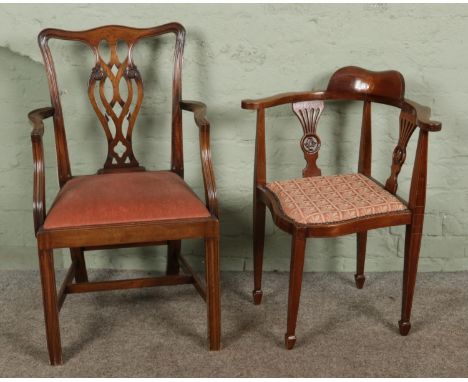 Two chairs including an inlaid corner chair and a mahogany Chippendale style armchair