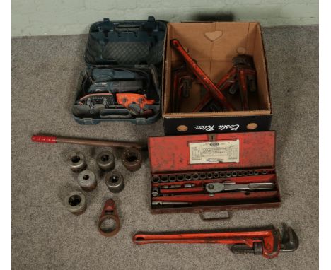 A collection of assorted tools to include Britool No.40A socket set, Presto Minor pipe threader set, Rigid wrenches and Black