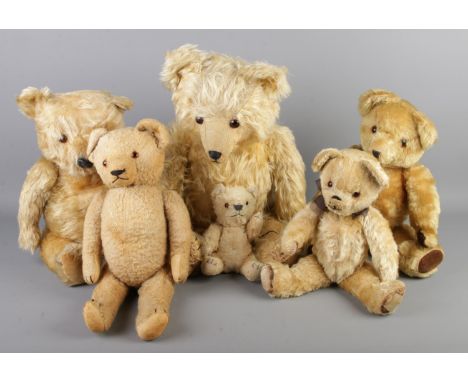 Six vintage jointed bears. Includes musical example, Chiltern etc.