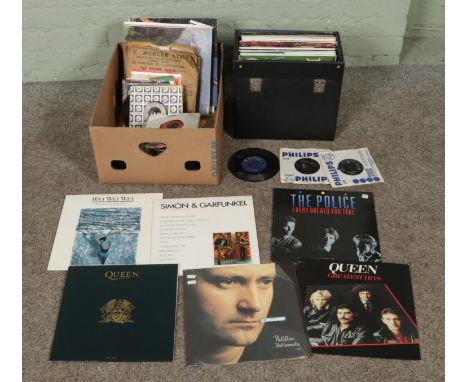 One box and one case of assorted vinyl LP records and singles to include Elvis Presley, The Rolling Stones, The Police, Phil 
