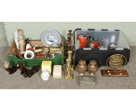 Two boxes of miscellaneous, including antique glass bottles, Chatsworth tin plate, Royalty tin, Swan teapot, vintage pens and