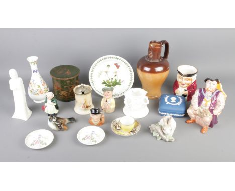 A good collection of mostly named ceramics to include Royal Doulton Sairey Gamp, Mella Ware Henry the Eighth jug, Lladro rabb