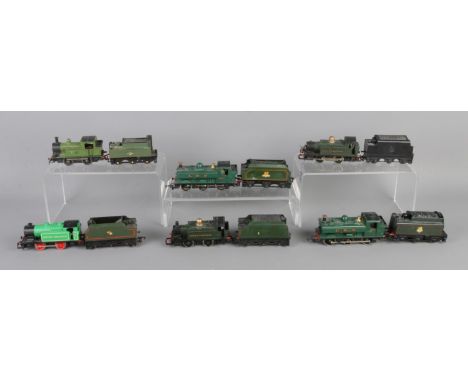 A collection of six green OO Gauge (1/76 Scale) locomotives with tenders, to include: Hornby "GWR 8751"(2); Tri-ang R355G Ind