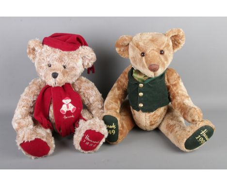 Two Harrods teddy bears to include 1849-1999 anniversary bear in green velvet waistcoat and Christmas 1999 bear in red scarf 