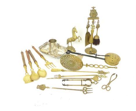 A collection of vintage brass ware including fireside items and silver plated ware. (QTY).
