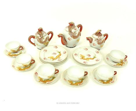 A 21 piece, Chinese porcelain, gilt and hand-painted tea set comprising of two teapots and lidded sugar pot with writhing ser