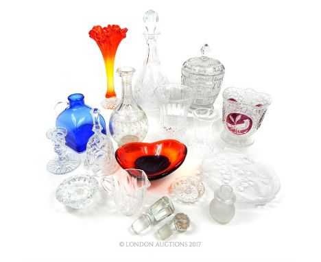 A quantity of vintage glassware to include coloured glass, pressed and engraved pieces to include candle-sticks, decanters, v