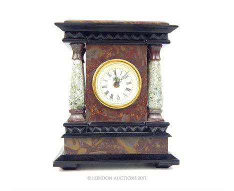 A 19th CENTURY MARBLE MANTLE CLOCK, architectural style with rouge marble case and tapering column supports; Approx 17cm