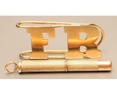 A 9CT GOLD MONEY CLIP, maker's mark GJ Ld., the plain wire clip applied with initials "FR", London import marks indistinct, 1