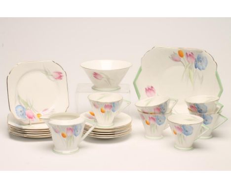 AN ART DECO SHELLEY CHINA TEA SERVICE printed in grey and over painted in pink, blue, orange and green with spring flowers wi