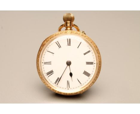 AN 18KT GOLD TOP WIND POCKET WATCH, the white enamel dial with black Roman numerals, ruby endstone and plain three quarter ba