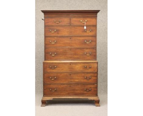 A GEORGIAN MAHOGANY CHEST ON CHEST, late 18th century, the cavetto moulded and dentil cornice over two short and three long d
