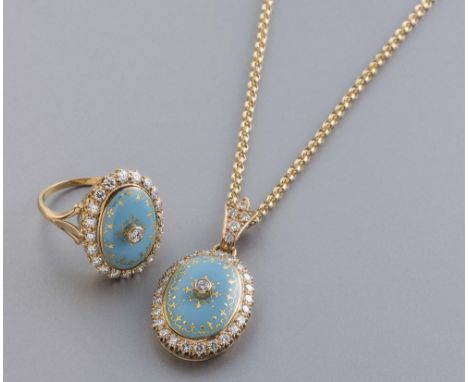 AN 18CT GOLD, DIAMOND AND TURQUOISE ENAMEL PENDANT AND MATCHING RING, the oval enamel panels each centred by a raised collet 