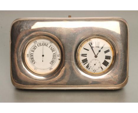 A SILVER WATCH/BAROMETER CASE, maker's mark rubbed, Birmingham 1911, of plain rounded oblong form with green silk and velvet 