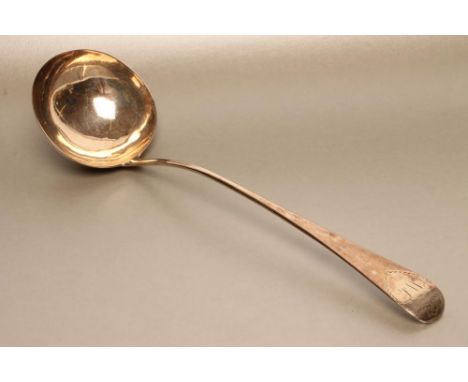A LATE GEORGE III SILVER SOUP LADLE, maker Smith &amp; Fearn, London 1792, in Old English pattern engraved with initials in a