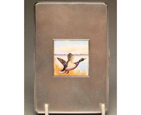 AN ART DECO SILVER CIGARETTE CASE, maker's mark A.W., Birmingham 1949, of plain canted oblong form with a central square enam