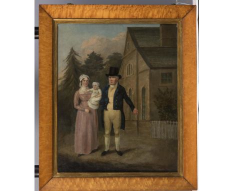 AMERICAN (?) NAIVE SCHOOL (Early 19th Century), Portrait of a Family Group before a House, oil on canvas, unsigned, inscribed