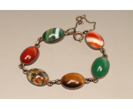 A JOHN HART IONA SILVER BRACELET, close back collet set with six oval cabochon polished agate panels including tiger's eye, w