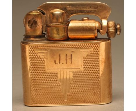 AN ART DECO 9CT GOLD "PREMIER" CIGARETTE LIGHTER, of rounded square section, the engine turning enclosing a geometric panel e