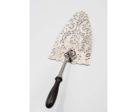 A GEORGE III SILVER FISH SLICE, maker William Cripps, London 1746, the rounded trefoil blade pierced and engraved with scroll