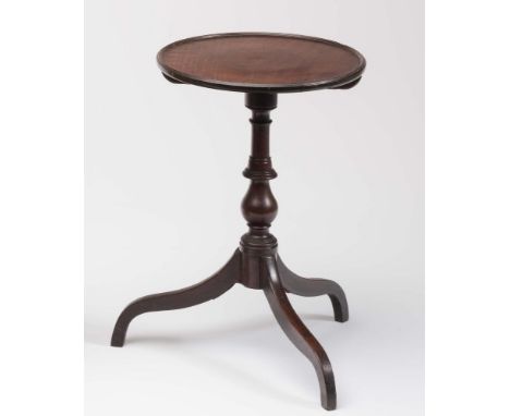 AN APPRENTICE PIECE MAHOGANY TABLE, 19th century, the dished circular snap top on ring and baluster turned stem, raised on tr