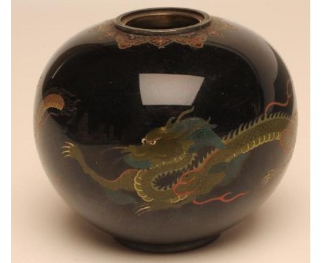 A JAPANESE CLOISONNE ENAMEL SMALL JAR, Meiji period, of globular form, enamelled in sombre colours with two dragons on a dark