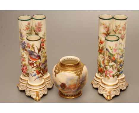 A ROYAL WORCESTER CHINA POT POURRI, 1918, of lobed globular form, painted in polychrome enamels by Stinton with Highland catt